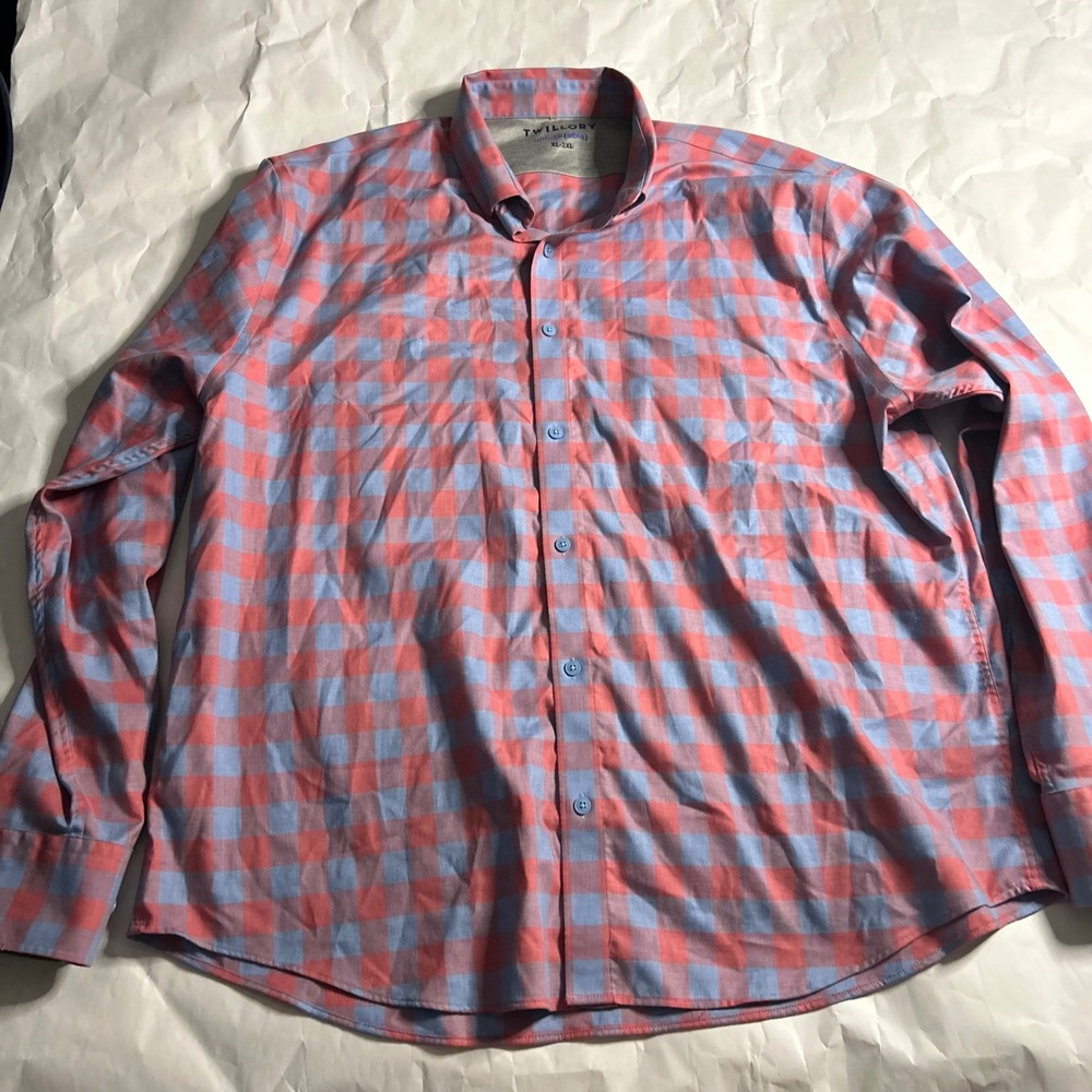 TWILLORY Mens Untuckable XL‎ 2XL Gingham Plaid Button Down Shirt Stretch Blue